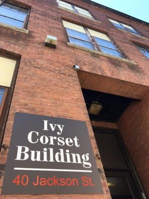 Exterior of the Ivy Corset Building, Worcester Massachusetts.  This woman-owned business began life as the Corset H Company in 1904.   Photo by the author, copyright 2020.